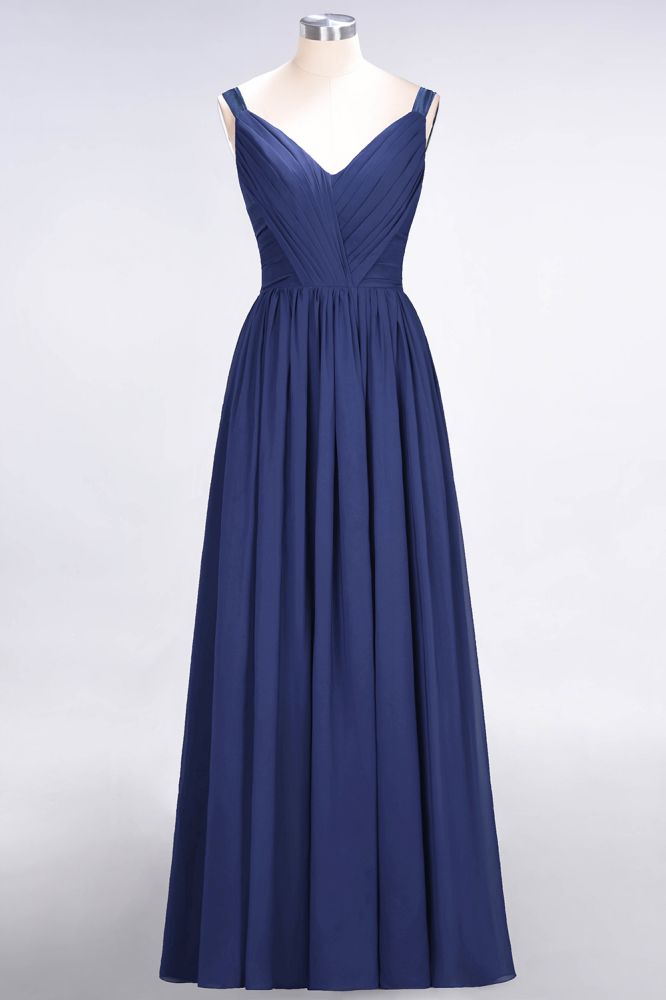 Elegante vestido de dama de honor de gasa con escote en V, tirantes, espalda descubierta y volantes hasta el suelo