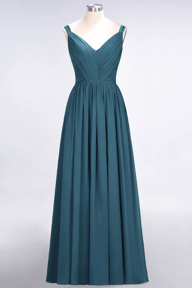 Elegante vestido de dama de honor de gasa con escote en V, tirantes, espalda descubierta y volantes hasta el suelo