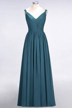 Elegante vestido de dama de honor de gasa con escote en V, tirantes, espalda descubierta y volantes hasta el suelo