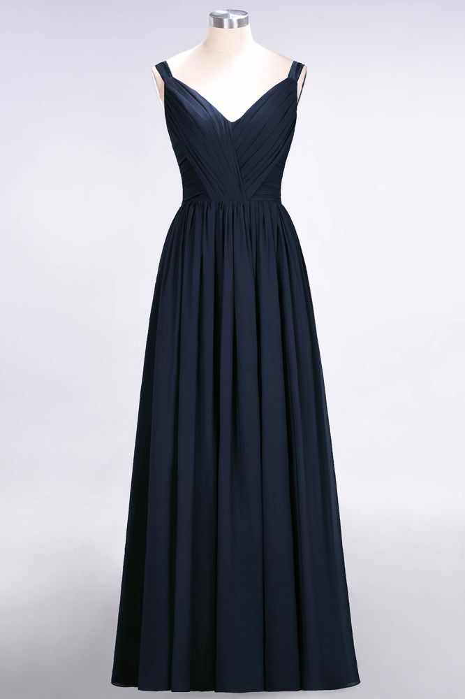 Elegante vestido de dama de honor de gasa con escote en V, tirantes, espalda descubierta y volantes hasta el suelo