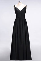 Elegante vestido de dama de honor de gasa con escote en V, tirantes, espalda descubierta y volantes hasta el suelo
