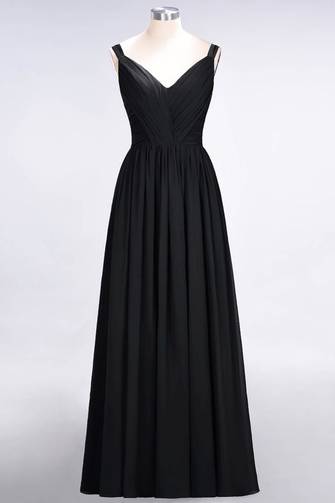 Elegante vestido de dama de honor de gasa con escote en V, tirantes, espalda descubierta y volantes hasta el suelo