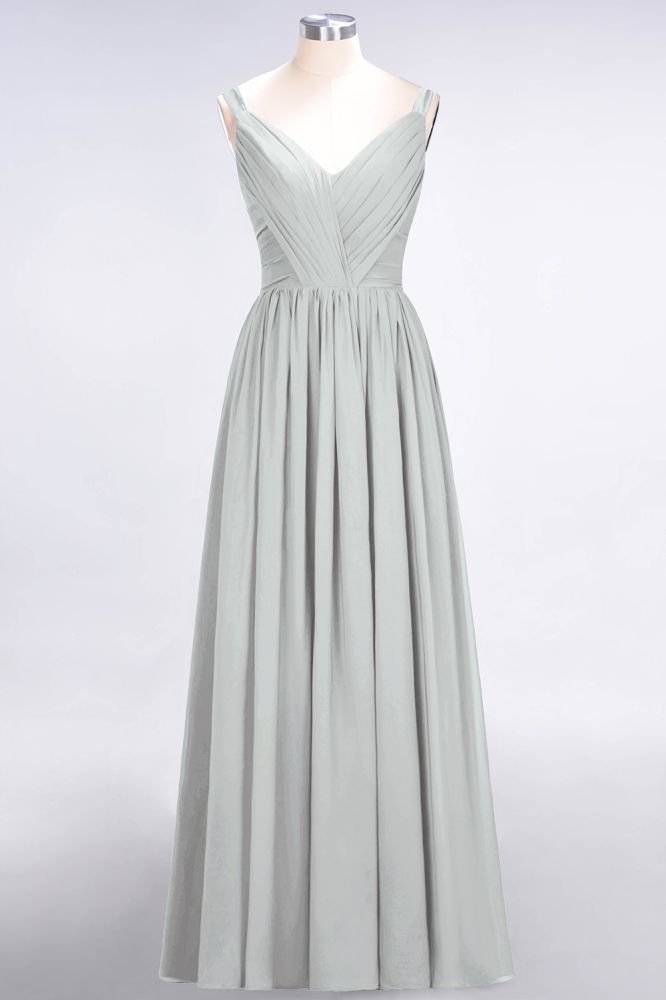 Elegante vestido de dama de honor de gasa con escote en V, tirantes, espalda descubierta y volantes hasta el suelo