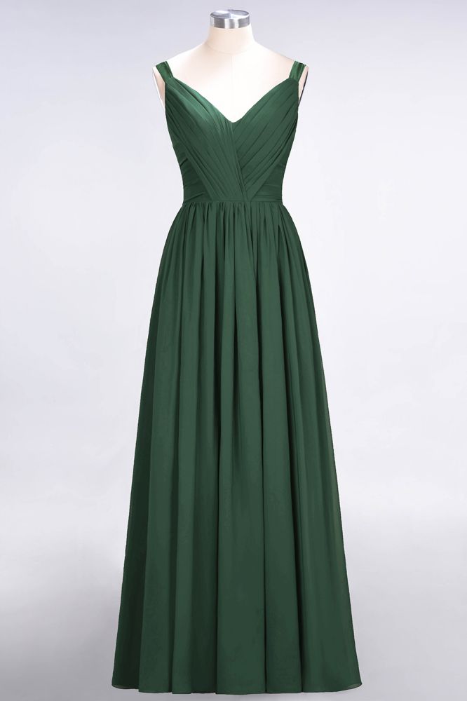 Elegante vestido de dama de honor de gasa con escote en V, tirantes, espalda descubierta y volantes hasta el suelo