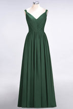 Elegante vestido de dama de honor de gasa con escote en V, tirantes, espalda descubierta y volantes hasta el suelo