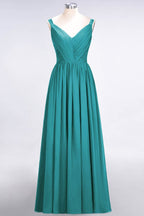 Elegante vestido de dama de honor de gasa con escote en V, tirantes, espalda descubierta y volantes hasta el suelo