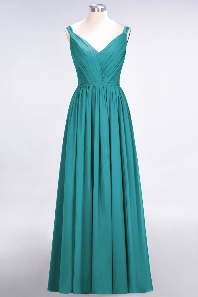 Elegante vestido de dama de honor de gasa con escote en V, tirantes, espalda descubierta y volantes hasta el suelo