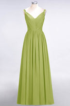 Elegante vestido de dama de honor de gasa con escote en V, tirantes, espalda descubierta y volantes hasta el suelo