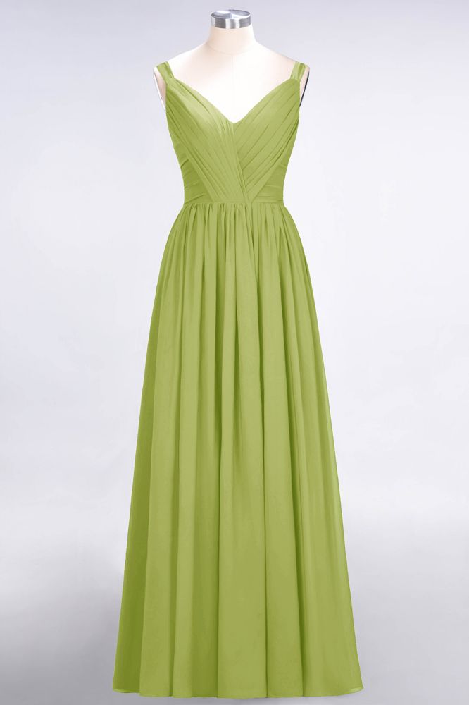 Elegante vestido de dama de honor de gasa con escote en V, tirantes, espalda descubierta y volantes hasta el suelo