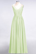 Elegante vestido de dama de honor de gasa con escote en V, tirantes, espalda descubierta y volantes hasta el suelo