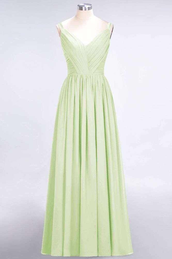 Elegante vestido de dama de honor de gasa con escote en V, tirantes, espalda descubierta y volantes hasta el suelo