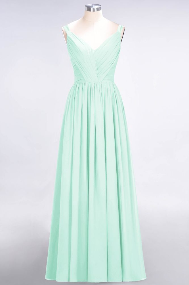 Elegante vestido de dama de honor de gasa con escote en V, tirantes, espalda descubierta y volantes hasta el suelo