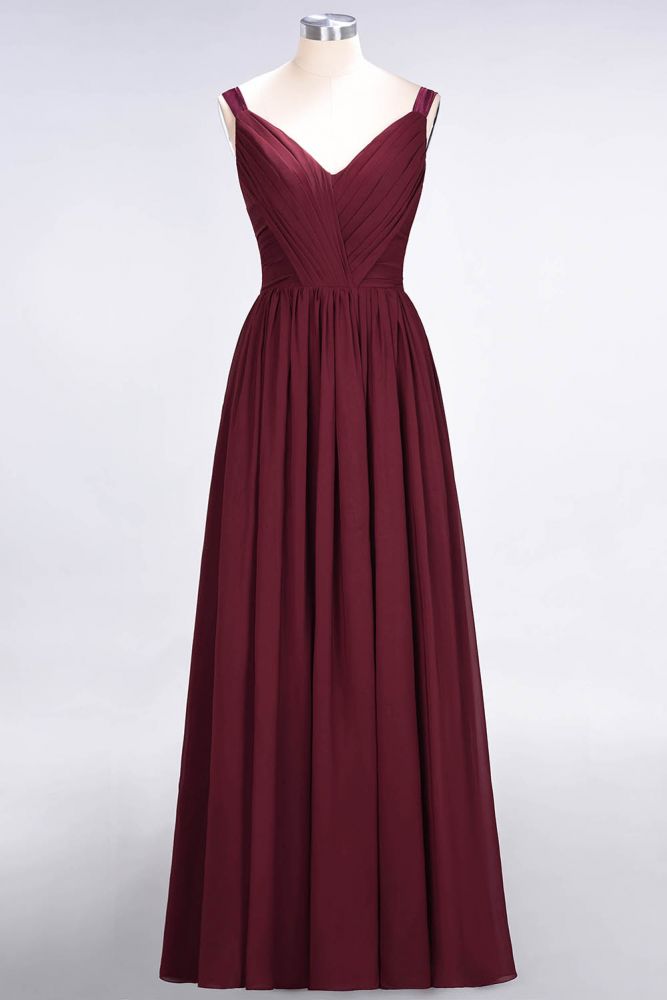 Elegante vestido de dama de honor de gasa con escote en V, tirantes, espalda descubierta y volantes hasta el suelo