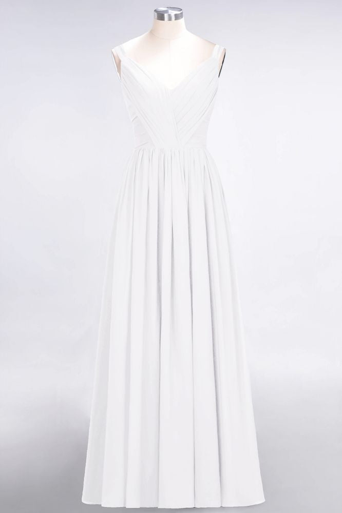 Elegante vestido de dama de honor de gasa con escote en V, tirantes, espalda descubierta y volantes hasta el suelo