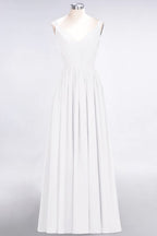 Elegante vestido de dama de honor de gasa con escote en V, tirantes, espalda descubierta y volantes hasta el suelo