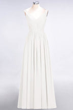 Elegante vestido de dama de honor de gasa con escote en V, tirantes, espalda descubierta y volantes hasta el suelo