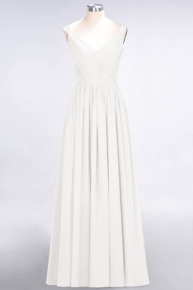 Elegante vestido de dama de honor de gasa con escote en V, tirantes, espalda descubierta y volantes hasta el suelo