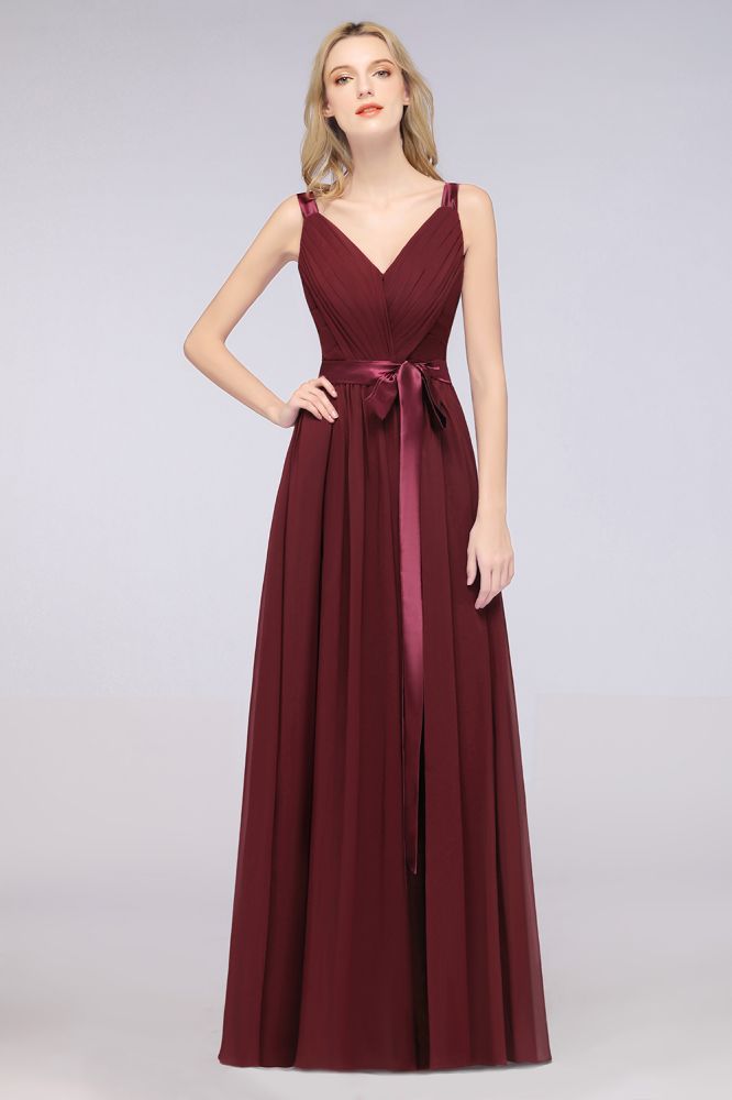 Elegante vestido de dama de honor de gasa con escote en V, tirantes, espalda descubierta y volantes hasta el suelo