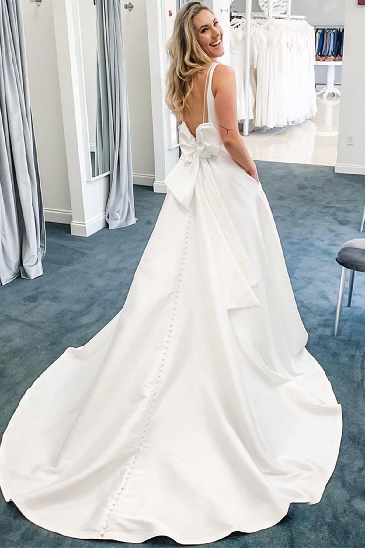 Elegant White A-line V Neck Open Back Satin Long Wedding Dresses with Pockets