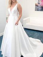 Elegant White A-line V Neck Open Back Satin Long Wedding Dresses with Pockets