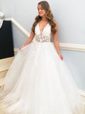 Elegant White Long A-line V Neck Tulle Lace Floral Wedding Dresses