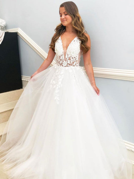 Elegant White Long A-line V Neck Tulle Lace Floral Wedding Dresses