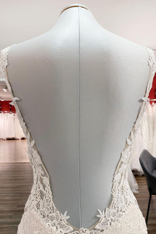 Elegantes weißes langes Meerjungfrau-Brautkleid mit Tüllspitze und offenem Rücken
