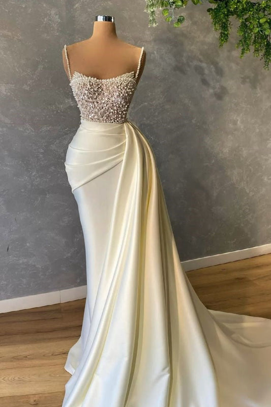 Elegante weiße ärmellose Meerjungfrau Brautkleider mit Pailletten und Perle 