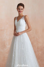 Elegant White V-Neck Princess Wedding Dress Aline Tulle Lace Bridal Gown