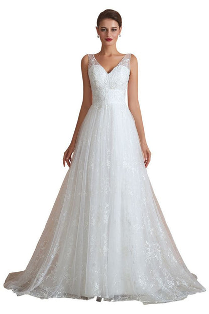Elegant White V-Neck Princess Wedding Dress Aline Tulle Lace Bridal Gown