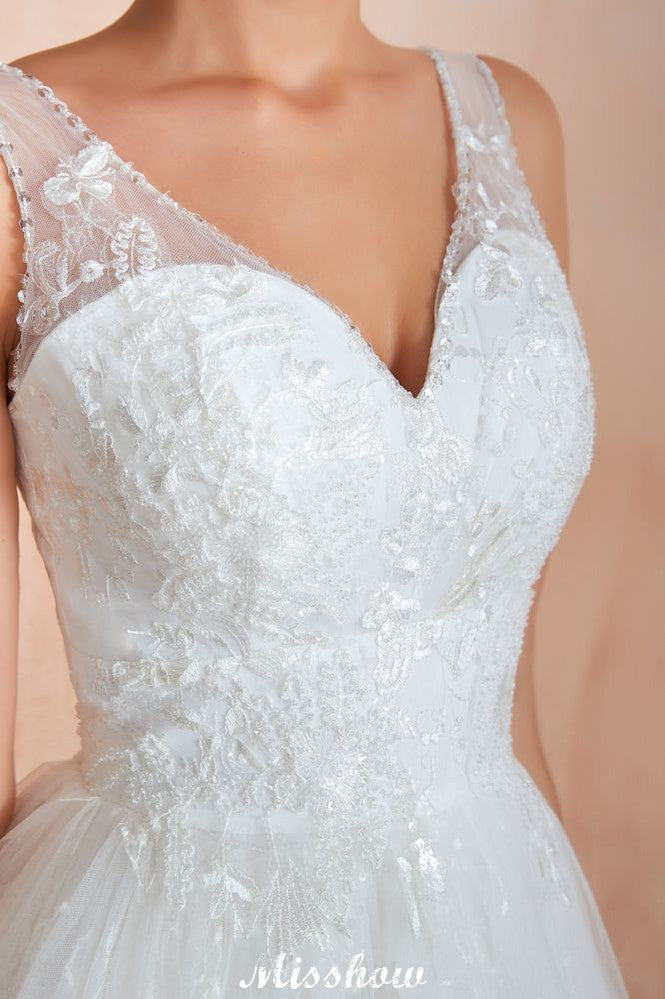 Elegant White V-Neck Princess Wedding Dress Aline Tulle Lace Bridal Gown