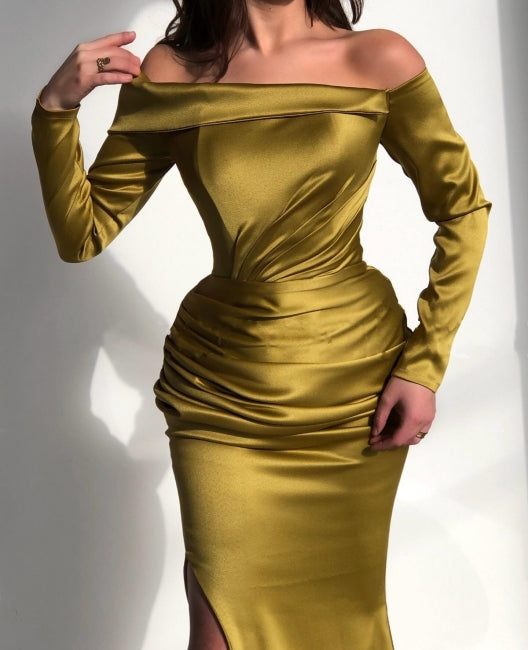 Elegante vestido de fiesta amarillo de corte sirena con hombros descubiertos y mangas largas