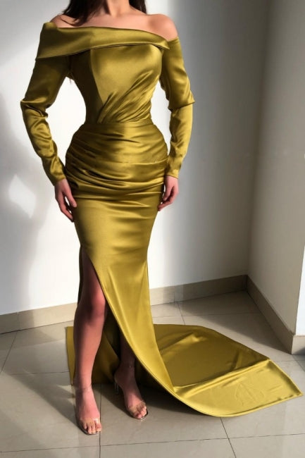 Elegante vestido de fiesta amarillo de corte sirena con hombros descubiertos y mangas largas