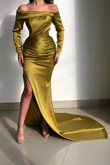 Elegante vestido de fiesta amarillo de corte sirena con hombros descubiertos y mangas largas
