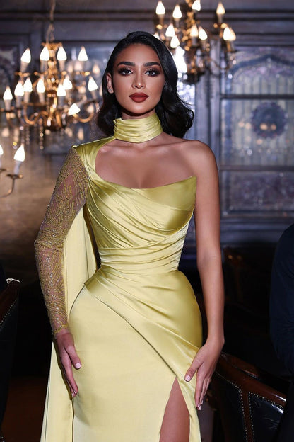 Elegant Yellow One Shoulder Long Sleeve Mermaid Prom Dress With Slit