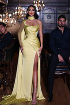 Elegantes gelbes Meerjungfrau-Ballkleid mit einer Schulter und langen Ärmeln
