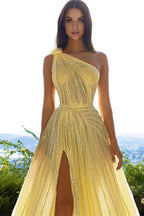 Elegantes gelbes One-Shoulder-A-Linien-Ballkleid mit Pailletten und Schlitz