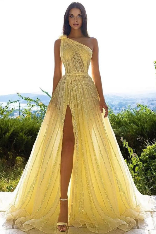 Elegantes gelbes One-Shoulder-A-Linien-Ballkleid mit Pailletten und Schlitz