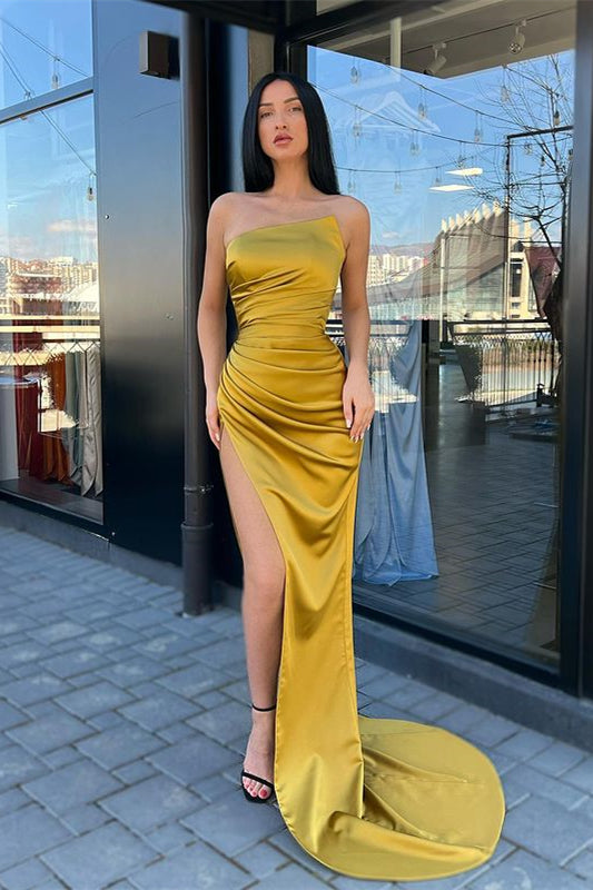 Elegante vestido de fiesta amarillo sencillo sin mangas con corte sirena y abertura