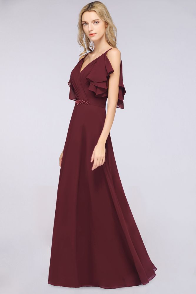 Elegante vestido de dama de honor de gasa con volantes hasta el suelo, con perlas, sin mangas, para fiesta de boda