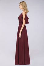 Elegante vestido de dama de honor de gasa con volantes hasta el suelo, con perlas, sin mangas, para fiesta de boda