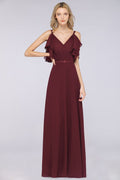 Elegante vestido de dama de honor de gasa con volantes hasta el suelo, con perlas, sin mangas, para fiesta de boda