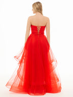 Elisa | Vestido de fiesta de organza rosa claro, corte A, sin tirantes
