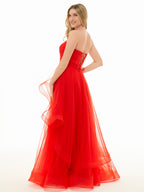 Elisa | Vestido de fiesta de organza rosa claro, corte A, sin tirantes