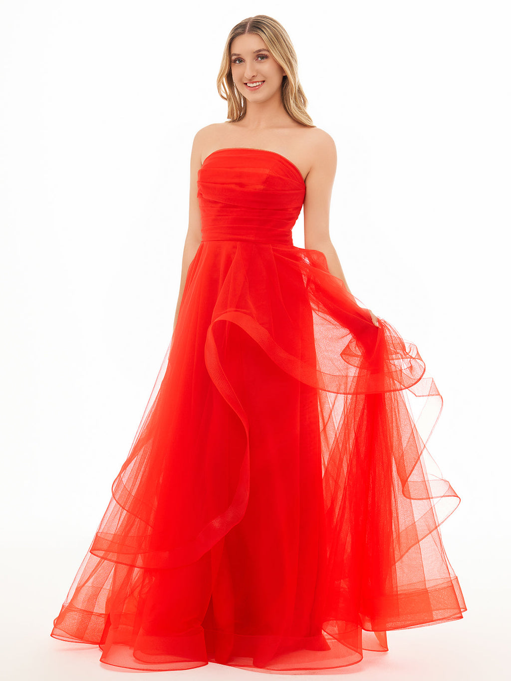 Elisa | Vestido de fiesta de organza rosa claro, corte A, sin tirantes