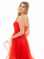 Elisa | Vestido de fiesta de organza rosa claro, corte A, sin tirantes