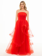 Elisa | Vestido de fiesta de organza rosa claro, corte A, sin tirantes