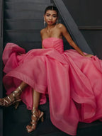 Elisa | Vestido de fiesta de organza rosa claro, corte A, sin tirantes