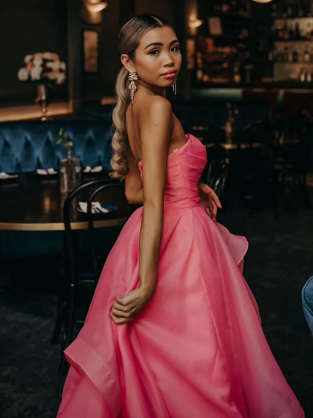 Elisa | Vestido de fiesta de organza rosa claro, corte A, sin tirantes