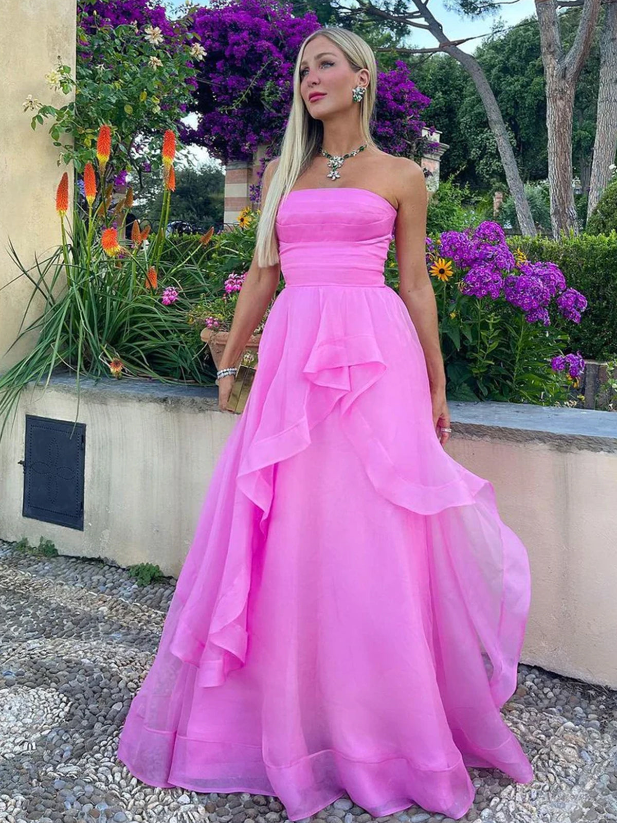 Elisa | Vestido de fiesta de organza rosa claro, corte A, sin tirantes